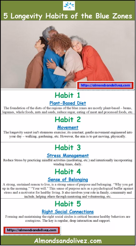 Illustrative Summary - Longevity habits of the Blue Zones - Almonds and Olivez