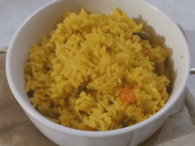 A Plat of Jamaican Curry Rice Recipe - Almonds and Olivez - Copyright